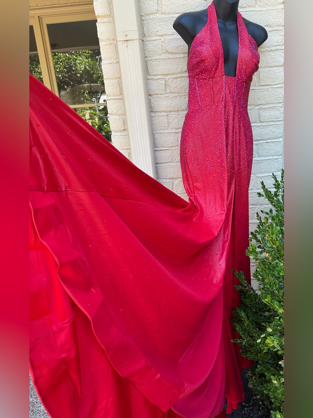 Jovani Red Halter Plunge Beaded Prom Gown